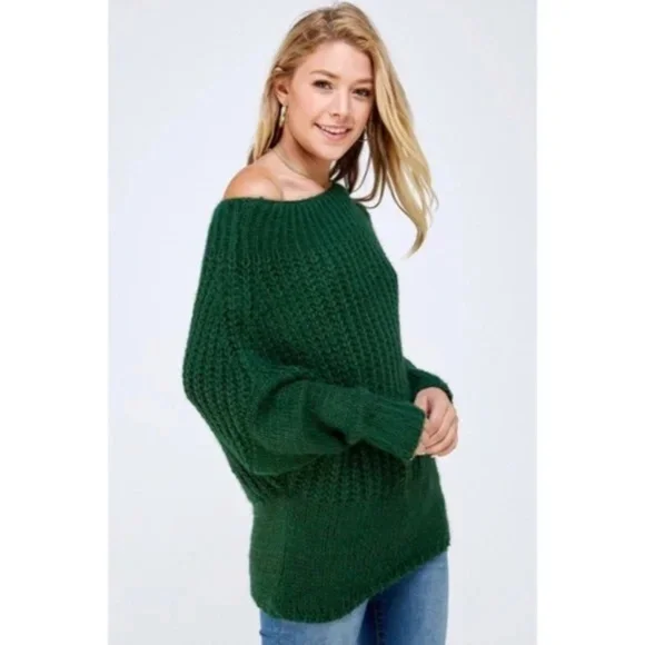 Hunter Green Soft Fuzzy Off The Shoulder Pullover Knit Holiday Casual Sweater - Picture 4 of 6